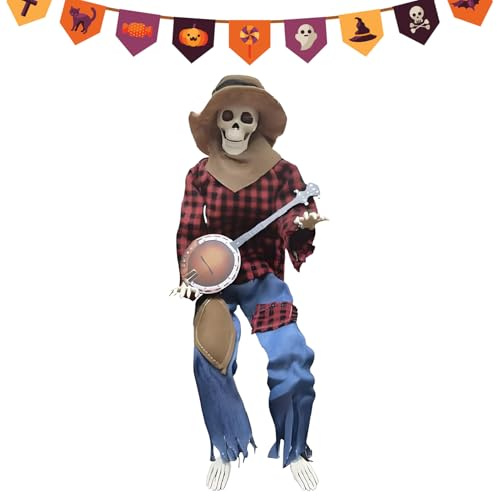 Skelette für Halloween Musikstatue, bewegliche Gelenke, Leuchtaugen | Halloween Animierte Banjo-Skelette für Party Hof Garten Pfad Vorderveranda Spukhaus Schule Fotohintergrund Geschäft