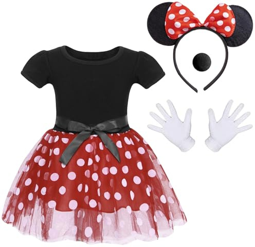 Atorcher Fancy Dress Up Costume with Ears Bowknot Hair Hoop, Gloves & Nose for Kids Girls, Halloween Birthday Party Polka Dot Tutu Skirt