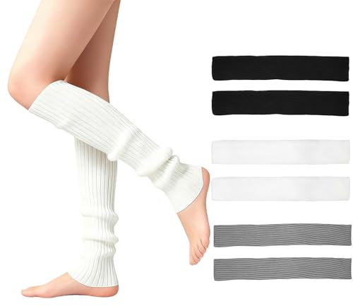 3 Paar Damen Beinstulpen, Stulpen Damen 40cm, Häkelarbeit Gestrickte Stulpen für Damens, Hohe Fußlose Kniestrümpfe, Beinwärmer, Legwarmers für Winter Frühling Und Herbst (Weiß/Schwarz/Grau)