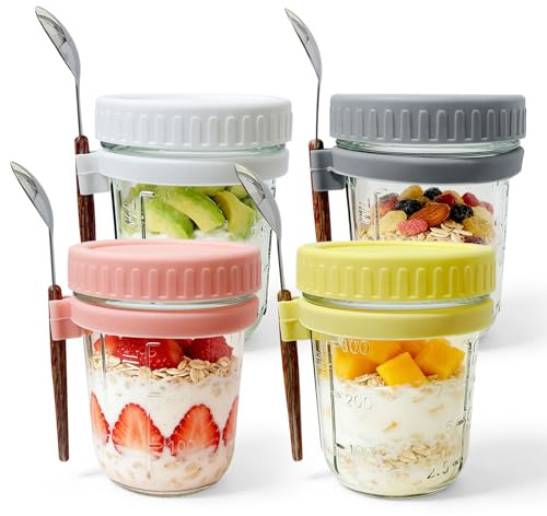 OunglyChoi 4-pack över natten havreburk, havrebehållare med lock och sked 350 ml glas frukostgrytor för havre över natten sallad, yoghurt, gröt, flingkoppar