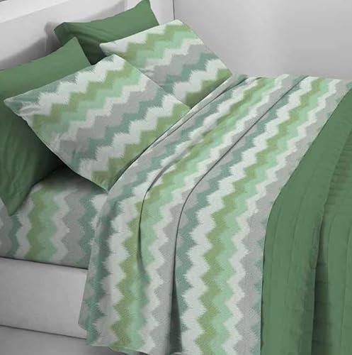 Zambaiti Tessitura Completo Lenzuola Matrimoniale Flanella Fantasia | Sopra 240x300 cm, Sotto con Angoli 180x200 cm, 2 Federe 52x82 cm | Antipilling Art. Sogno (ZIG ZAG VERD)