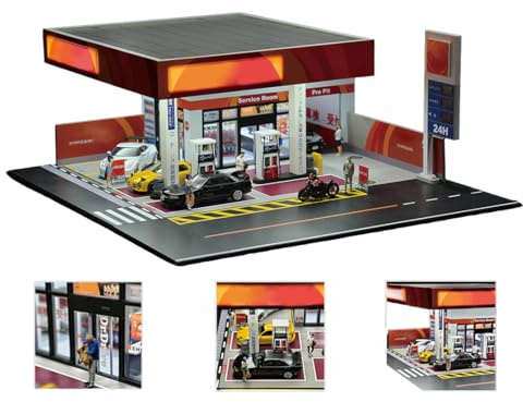 Scène miniature de station-service japonaise à l'échelle 1:64, bâtiment miniature avec éclairage, scène de station-service miniature pour affichage de voitures moulées sous pression, ensemble de