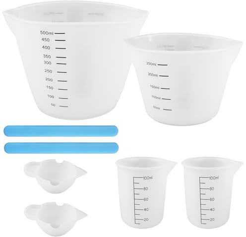 KineticKraft 6 Piezas Tazas Medidoras de Silicona, 10ml/100ml/250ml/500ml | Vasos Medidores de Silicona, Vasos Medidores Antiadherentes con 2 Varilla Agitadora, para Manualidades, Moldes de Fundición