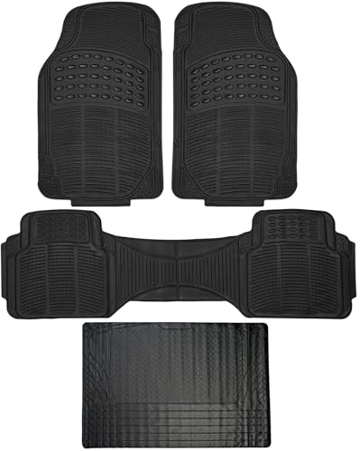 Crystals Universal Heavy Duty Black Rubber Car Mats & Boot Mat | Non Slip Waterproof Floor Mats & Boot Liner | Trim to Fit All Weather Protection for Cars, Vans, SUVs & Trucks (Floor + Boot Mat)