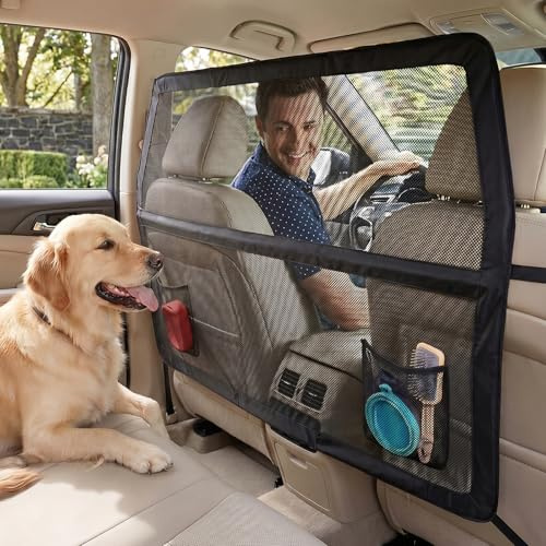 Hundegitter Auto mit Metallrahmen & Sichtnetz, 127 x 142 x 81cm Haustierbarriere Schutznetz Barriere Trennnetz, Universal Hunde Barriere für Kofferraum oder Rücksitz, für SUVs Lkws Fahrzeuge, Schwarz