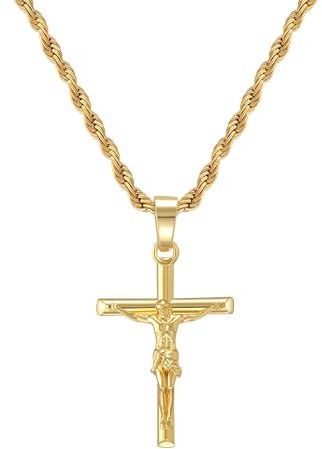 WATEFOER Collier Croix pour Homme Femme, Chaîne en Acier Inoxydable Plaqué Or 18K avec Pendentif Crucifix, Pendentif Croix Jésus Christ Cadeau Religieux pour Pâques Fête des Pères Noël
