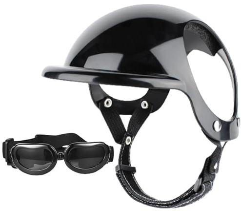 AZIDWERYQ Casco e Occhiali per Cani 2 Pezzi/Set Sottogola Regolabile Casco per Cani a Cupola con Foro per l'orecchio Occhiali Decorativi Eleganti Antivento Forniture per Animali Domestici