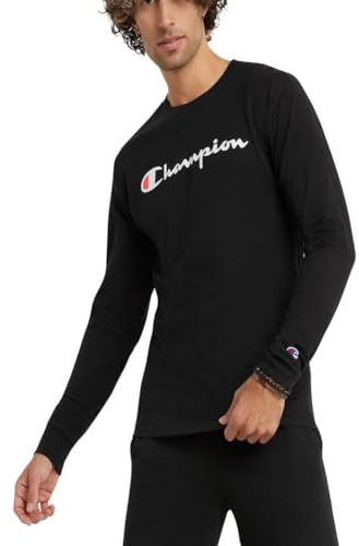Champion Classic Long Sleeve T-Shirt, Standard Fit, Script & C Logo, Available in Regular And Big & Tall, Nero/Nero, L Uomo