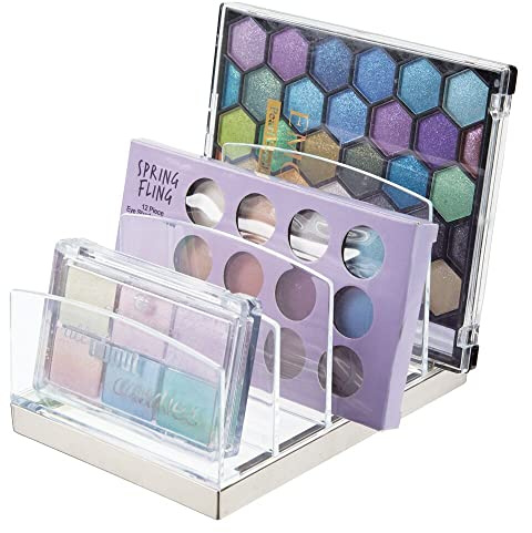 mDesign Kosmetik Organizer aus Kunststoff – Schminkaufbewahrung mit 5 Steckplätzen – Aufbewahrungsbox für den Waschtisch, Schminktisch oder Schrank – durchsichtig und silberfarben