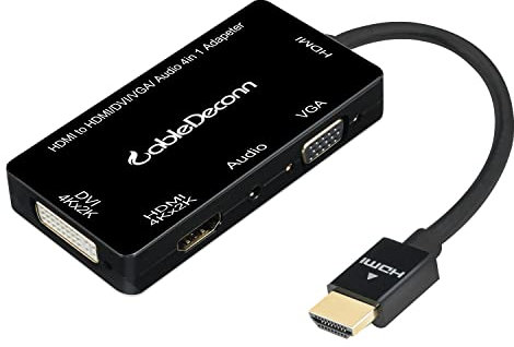 CableDeconn E0405 Black Multiport 4-in-1 HDMI zu HDMI DVI 4K VGA mit Konverter Kabel Audio Ausgang Adapter