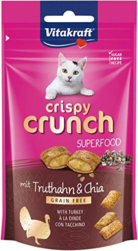 Vitakraft Crispy Crunch, knusprige Snackkissen gefüllt mit Truthahn und Chia, Katzensnack, zuckerfrei (1x 60g)