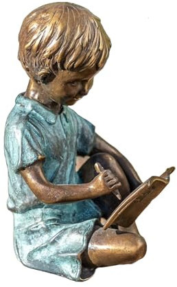 IDYL Bronze-Skulptur Kind Junge mit Buch|15x10x8 cm | Kinderfigur aus Bronze | Gartenskulptur oder Wohnbereich-Dekoration | Handgefertigte Kunst| Wetterfest | AN0603BR-B-F