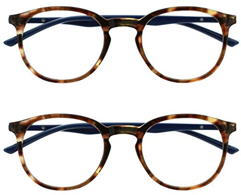 OPULIZE Met Lesebrille 2er Pack Schlank Runder Rahmen Federscharniere Kratzfest Braun Schildpatt Blau Bügel Herren Damen RR60-2 +1.00