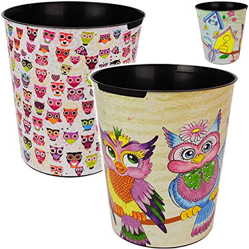 2 Stück Papierkörbe/Behälter - Bunte Eule - 10 Liter - wasserdicht - aus Kunststoff - Ø 28 cm - großer Mülleimer/Eimer - Abfalleimer - Aufbewahrungsbox ..