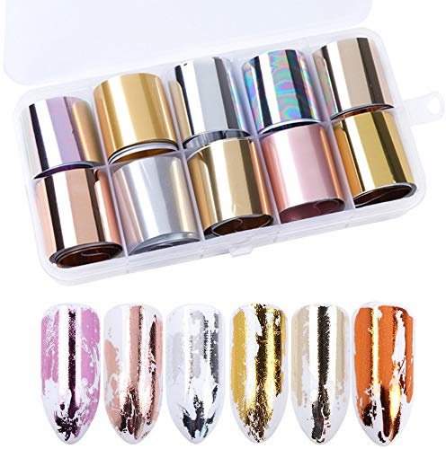 Mwoot 10 Stück Nagelfolie Transfer Aufkleber, Rose Gold Sternenhimmel Nagel Decals Nail Art Tipps Warps glänzend DIY Aufkleber, Holographische Glas Papier Nagel Dekorationen Kit