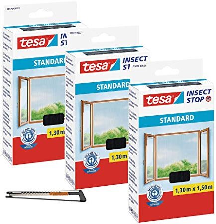TESA Insect Stop STANDARD Fliegengitter für Fenster (1,3m:1,5m, 3 Stück/Anthrazit + Profi-Cuttermesser Metall)