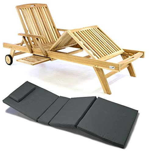 Nexos Trading Divero Sonnenliege Holzliege Gartenliege Teak-Holz unbehandelt mehrfach verstellbar inkl. Räder Tablett + Liegen-Auflage 4-teilig wasserabweisend (Farbe wählbar) (Anthrazit)