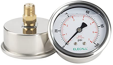 ELECALL 100psi Silicone Oil Filled Pressure Gauge for Water Oil Air Pressure Test in Pool Pump Sand Filter Air Compressor Water System, 2-1/2Stainless Steel Case, Back Mount 1/4 NPT