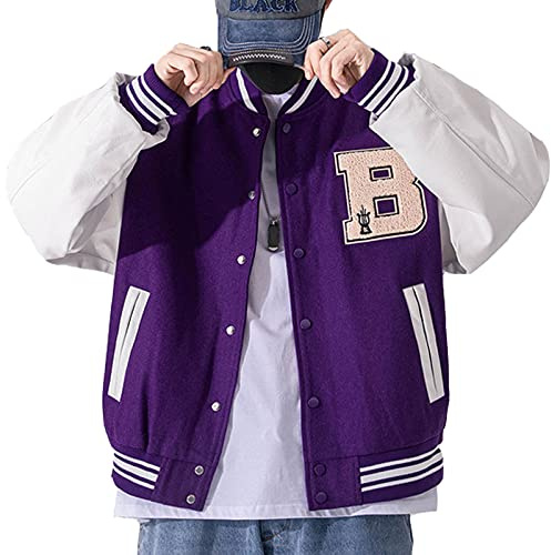 Moshtashio Herren College Jacke Baseballjacke Unisex Mode Sportjacke Sweatjacke Urban Stehkragen Streetwear (Lila, M)