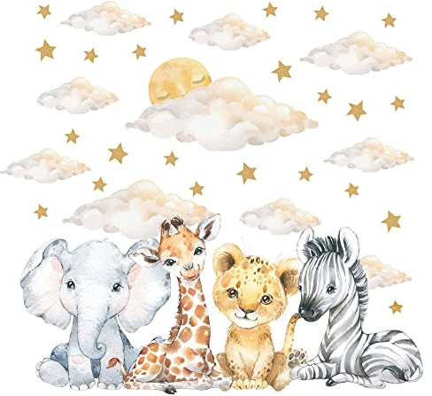 Pandawal Wandaufkleber Kinderzimmer Babyzimmer Deko Wandtattoo Baby Safari Tiere Wolken Mond Sterne Wanddeko (L)