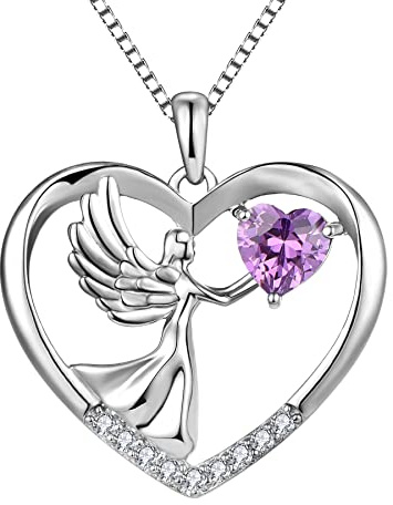 YL Engel Kette 925 Sterling Silber Februar Geburtsstein Amethyst Schutzengel Flügel Anhänger Halskette für Damen, Kette 45 + 3CM