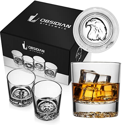 Wild Life Whiskey Glasses - Eagle, Lion, Elephant, Wolf Imprinted 11.5 Ounce Bar Glasses Set of 4 | Old Fashioned & Lowball Tumblers