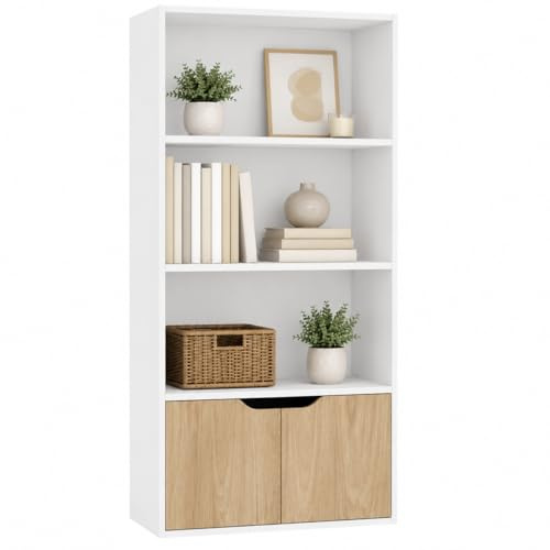 URBNLIVING Bücherregal mit 4 Etagen, breit, aus Holz, mit 2 Türen, Aufbewahrungsregal, Vitrine, Schrank, Einheit (weiß mit Eichentüren)