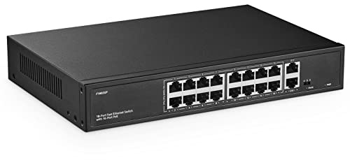 16 Port PoE Switch, 10/100Mbps PoE+ Ports, 2 Gigabit Ethernet Uplink, IEEE802.3af/at, Max 200W, VLAN & PoE Extend 250m, RackMount Fanless Unmanaged Ethernet Switch