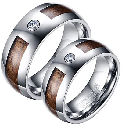 BCughia Freundschaftsringe Beste Freundinnen, Ring Silber Männer Wolframcarbid Zirkonia Ring mit Holzeinlage Damengröße 60 (19.1), Herrengröße 54 (17.2)