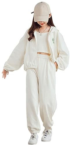YFPICO Enfant Fille Survêtement Ensemble 3 Pièce Vêtement de Jogging Sweat-shirt et Pantalon de Sport Costume Joggers Automne Sportwear, Blanc, 14-15 ans
