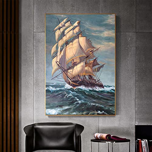 HOLEILUCK Noridc Retro-Bootsgemälde auf Leinwand, Schiff, Meereslandschaft, Poster, Landschaft, Segelboot, Wandkunst, Bilder für Heimdekoration, 70 x 120 cm/28 x 47 Zoll, mit goldenem Rahmen