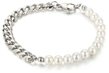 Mesnt Armschmuck Damen, Edelstahl Zweifarbige Kordelkette und Perlenarmband 20cm für Frauen Silber