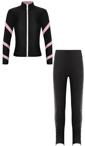 Freebily Kinder Eiskunstlauf Anzug Mädchen Eiskunstlauf Jacke Hose Sport Outfit Langarmjacke Leggings Set Eislaufen Übung Trainingsoutfit Tanzkleidung Rosa_F 146-152