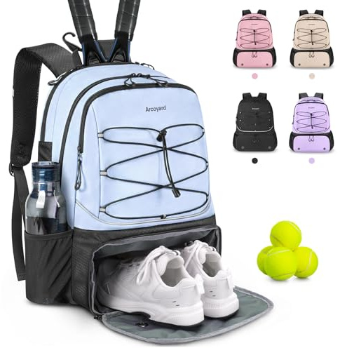 Arcoyard tennisväskor för kvinnor och män, tennisryggsäck med ventilerat skofack och isolerad ficka, rymmer 2 racketar, tennis pickleballbollar och mer, blå
