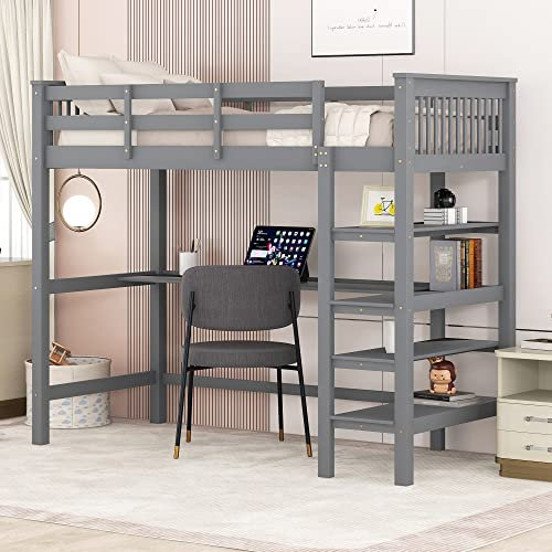 MYBOO Etagenbett Kinderbett 90x200, Hochbett für Kinder, Multifunktionsbett mit Ablagefächern&Schreibtisch&Fallschutzgitter&Lattenrost, Kinderhochbett Stockbett Hausbett Bettgestell, Massivholz, Grau