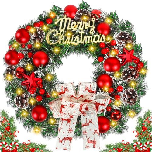 NLMWTI Corona de Navidad para Puerta LED, 30cm Corona de Navidad para Puerta con piñas y Bolas de árbol de Navidad, Colgante Ornamento Puerta