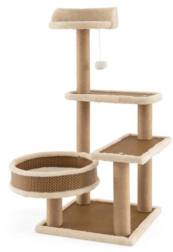 GYMAX Cat Tree, 90cm Cat Climbing Tower with Scratching Posts, Spacious Bed, Top Perch, Hanging Ball Toy and Rattan Mat, Multi-level Kitten Play Center for Living Room Bedroom
