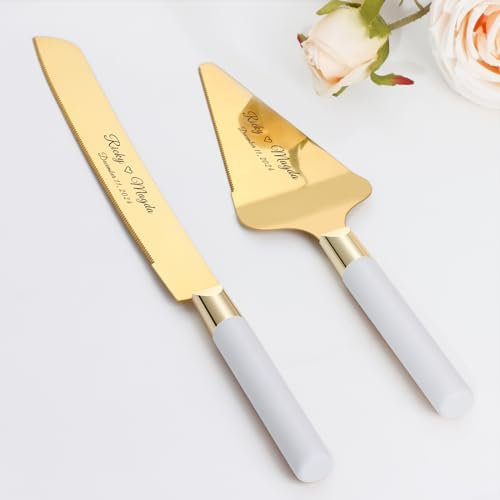Ensemble de Couteaux à Gâteau de Mariage Personnalisé, Couteau à Gâteau de Mariage, Ensemble de Découpe de Gâteau de Mariée En Acier Inoxydable pour Fête de Mariage Noël l'anniversaire (Blanc Doré)