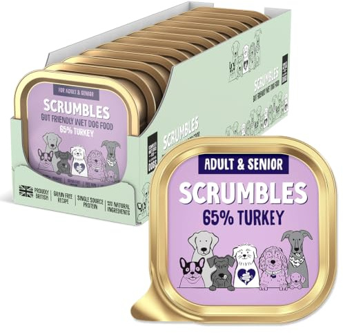 Scrumbles • Wet Dog Food • Hypoallergenic • All Lifestages • Turkey 65% • 1.8kg (12 Trays x 150g) • Natural Complete Adult Recipe • Gut Friendly Prebiotics