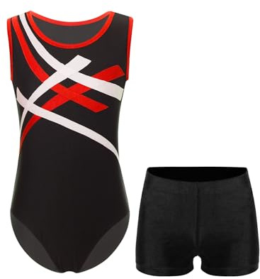 CHICTRY Kids Boys 2 Piece Gymnastics Leotard Outfits Ballet Dance Biketard and Athletic Shorts Set Figure Skating Bodysuit Red&Black 9-10 Years