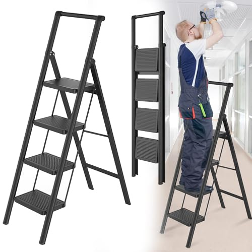 HENGMEI Aluminium Step Ladder, 4 Steps, Folding Ladder, Step Stool, Non-Slip Stepladder, Household Ladder with Non-Slip Pedal, Multifunctional Step Ladder, 150 kg Load Capacity (with Handrail)
