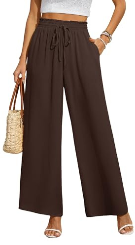 BEIGAI Damen Hosen Weite Lose Gerade Geschnitten Palazzo Hose Hohe Taille Dehnbar Lounge Elegante Hose mit Taschen,Schokolade,L