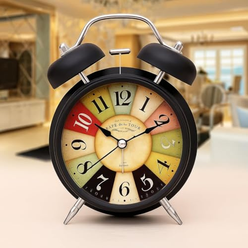 CBK Vintage TwinBell Alarm Clock with 1Year Warranty Night LED Light,Extra Loud Heavy Ringer,Table Clock for Students and Kids Home,Office, Bedroom,Living Room, Home Decor (Black Rainbow Clock)