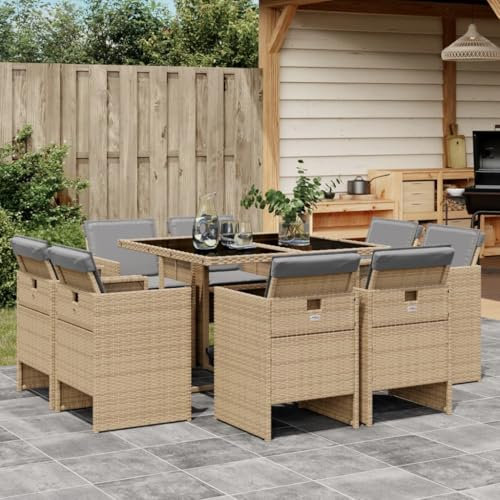 Somanki 9-TLG. Garten-Essgruppe mit Kissen Beigemischung Poly Rattan, Esstisch Mit Stühlen Set, Gartenmöbel Sitzgruppe, Balkon Möbel, Gartenlounge Set, Terrassenmöbel, Balkonmöbel Set - 3210660
