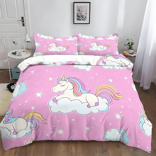 Bettwäsche Bettbezug 135 x 200 cm Einhorn-Wolken Kuschel Bettwäsche Set Weich Microfaser Rosa Kinderbettwäsche Bettbezug und Kissenbezug 80x80cm
