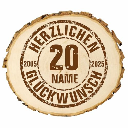 KIWISTAR UG - ab 14-16 cm Baumscheibe - 20. Geburtstag mit Jahreszahl - personalisiertes Geschenk individuell selbst gestalten - Name - Holzscheibe mit Wunschtext - Naturholz - Geschenk - Türschild