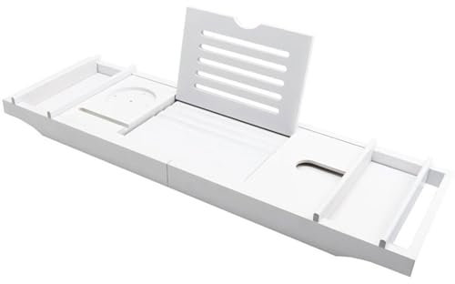 DECORN Bambus Badewanne Caddy - Premium -Badschale mit erweiterbaren Seiten - Badewanne Tabletttisch für Badewanne - Passt die meisten Badewannen, Badezimmerzubehör und Geschenke,Weiß