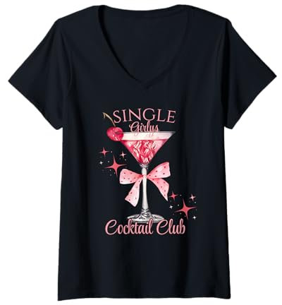 Womens Single Girlys Cocktail Club Coquette Bows Pink Martini Time V-Neck T-Shirt