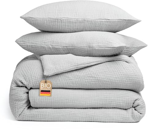 blanketino Bio Musselin Bettwäsche Set (Hellgrau, 155x220 cm +1x Kissen 80x80 cm)