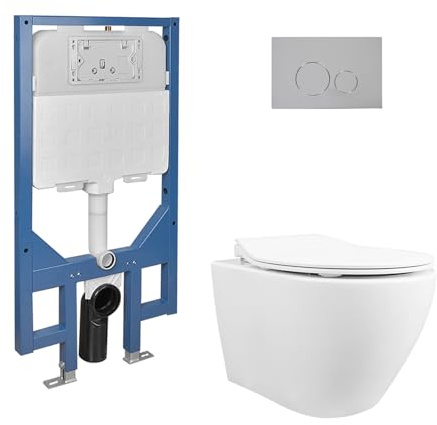 Wand WC Toilette SetSet mit Vorwandelement Geräuscharm, Hänge WC Sitz mit Absenkautomatik, Spülrandlos Toiletten Glatte Keramikoberfläche